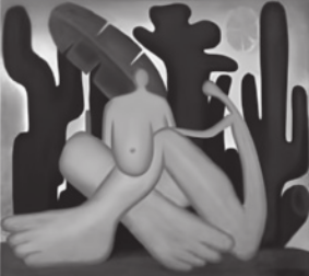 Pintura representando duas pessoas nuas sentadas no chão, com as pernas entrelaçadas. As figuras são estilizadas e têm somente uma das pernas aparente, com pés desproporcionalmente grandes em relação ao resto dos corpos. O seio nu de uma delas está à frente da perna da outra, e ao fundo há cactos e palmeiras.