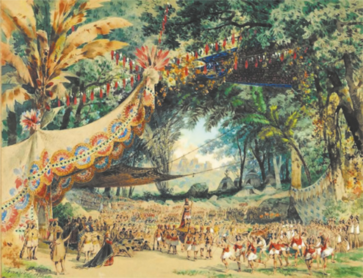 Pintura representando uma grande clareira no meio da mata, com árvores altas e casas indígenas ao fundo. Uma multidão de indígenas estão reunidos no espaço aberto, com grupo uniformizados com trajes festivos dançando e reunidos sob tendas penduradas nas árvores. Ao centro, um líder indígena está sendo carregado em pé sobre uma espécie de plataforma elevada, conduzida por um grupo de homens.