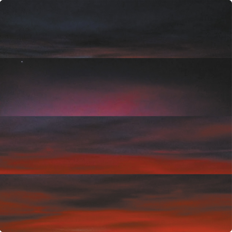 Composição de quatro fotografias de céus noturnos, de formato panorâmico, dispostas em sequência na vertical. A primeira, de cima para baixo, mostra um céu escuro com nuvens e um pequeno foco de luz do sol nascente; a segunda fotografia mostra um céu escuro sem nuvens, com uma área grande parcialmente iluminada pelo sol nascente, com uma estrela no alto; a terceira fotografia mostra um céu nublado parcialmente escuro, com a metade inferior da imagem iluminada pelo sol nascente; e a quarta fotografia mostra um céu nublado com a parte superior escura, predominantemente iluminado pela luz do sol nascente.