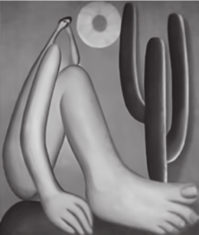 Pintura representando uma figura humana nua, sentada no chão, com um dos cotovelos apoiado sobre o joelho, e o rosto apoiado na mão. O pé e a outra mão da figura, que estão apoiados no chão, são desproporcionalmente grandes em relação à cabeça dela. Ao fundo, há um cacto e o sol sobre um céu limpo.