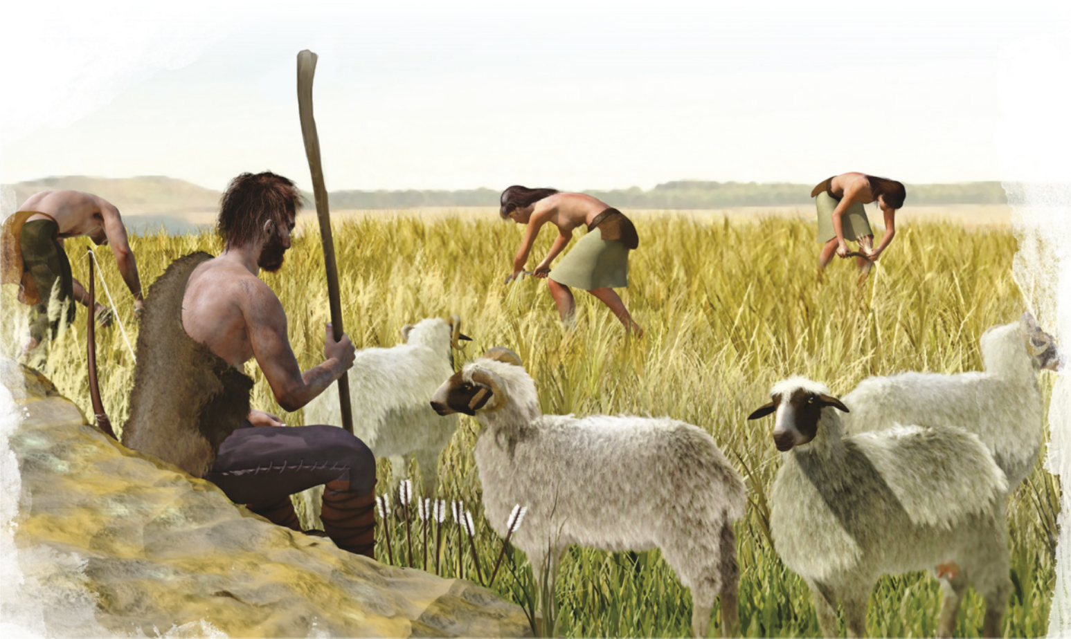 Ilustração de um homem sentado em uma rocha segurando um cajado. À sua frente, está um pasto com ovelhas. Em segundo plano, há duas mulheres abaixadas colhendo alguns ramos de plantas com uma foice.