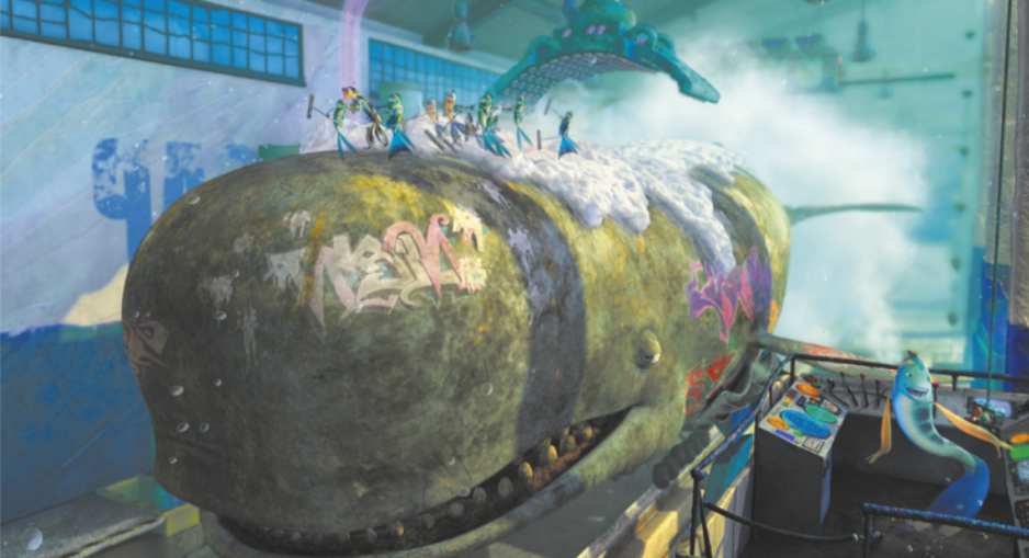 Cena do filme O Espanta Tubarões, desenho digital onde uma baleia passa por uma espécie de lava-rápido. Sobre as costas da baleia, vários peixes esfregam sua pele utilizando esfregões com muita espuma. A baleia possui pichos escritos pelo corpo. Ao lado, há um peixe que parece dançar em uma área com painéis e controles.