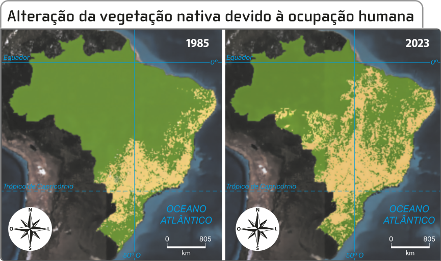 Mapas 'Alteração da vegetação nativa devido à ocupação humana'. O primeiro mapa mostra o território brasileiro em 1985. A região norte, centro oeste, nordeste e o estado do rio grande do sul estão majoritariamente cobertos por vegetação nativa. O segundo mapa mostra o território brasileiro em 2023. A região norte continua coberta por vegetação nativa, enquanto o restante do território possui poucas, pequenas e esparsas áreas de vegetação nativa.