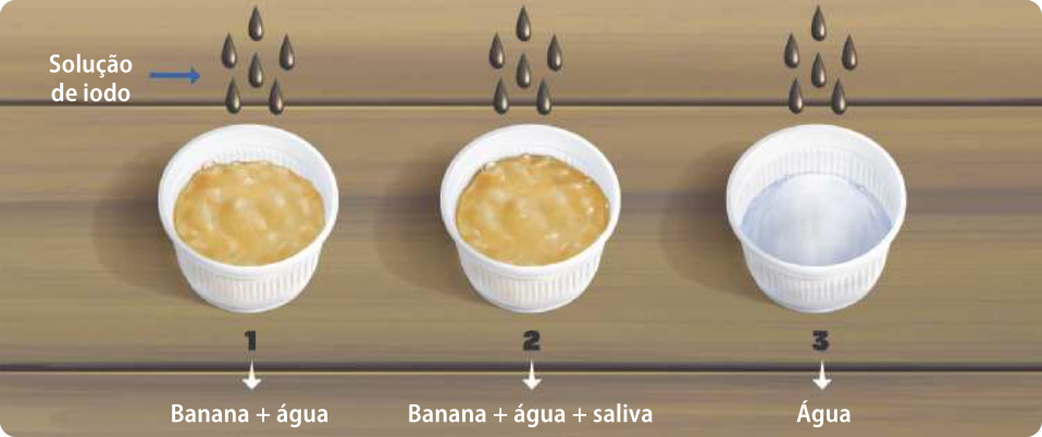Ilustração de três copos descartáveis dispostos lado a lado. O copo 1 tem banana amassada e água. O copo 2 tem banana amassada, água e saliva. O copo 3 tem apenas água. Acima de cada copo, há 5 gotas marrons, representando uma solução de iodo.