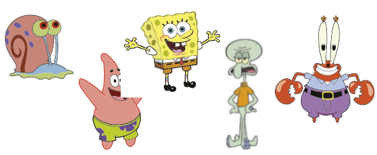 Desenhos do Garry, Patrick Estrela, Bob Esponja, Lula Molusco e Seu Sirigueijo dispostos lado a lado, respectivamente, da esquerda para a direita.