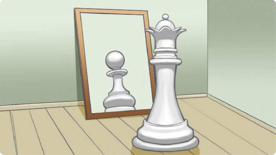 Ilustração da peça rainha de um jogo de xadrez em frente a um espelho, porém o reflexo mostra um peão.