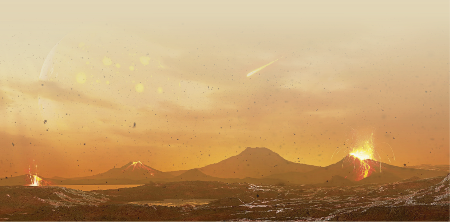 Ilustração da superfície terrestre coberta por vulcões em erupção, solo rochoso e atmosfera esfumaçada.