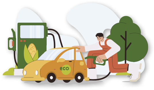 Ilustração de um homem colocando combustível em um carro através de uma mangueira conectada a uma bomba de combustível. Na bomba há o desenho de um milho. Na porta do carro está escrito 'eco'. Há uma árvore atrás do homem.