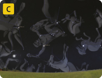 Ilustração contendo as mesmas estrelas da imagem anterior com imagens de animais como coelho, cavalo, lobo e um humano sobre as constelações.