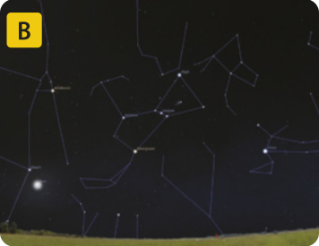B. Ilustração contendo as mesmas estrelas da imagem anterior, mas algumas estão ligadas umas às outras por linhas, representando as constelações.