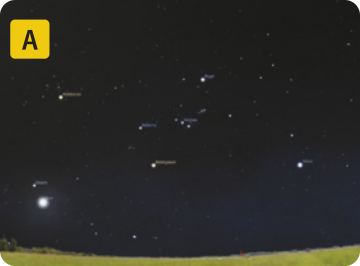 Ilustração A. Céu noturno com seis estrelas brilhantes em destaque. Na parte inferior da imagem, existe um chão de grama.