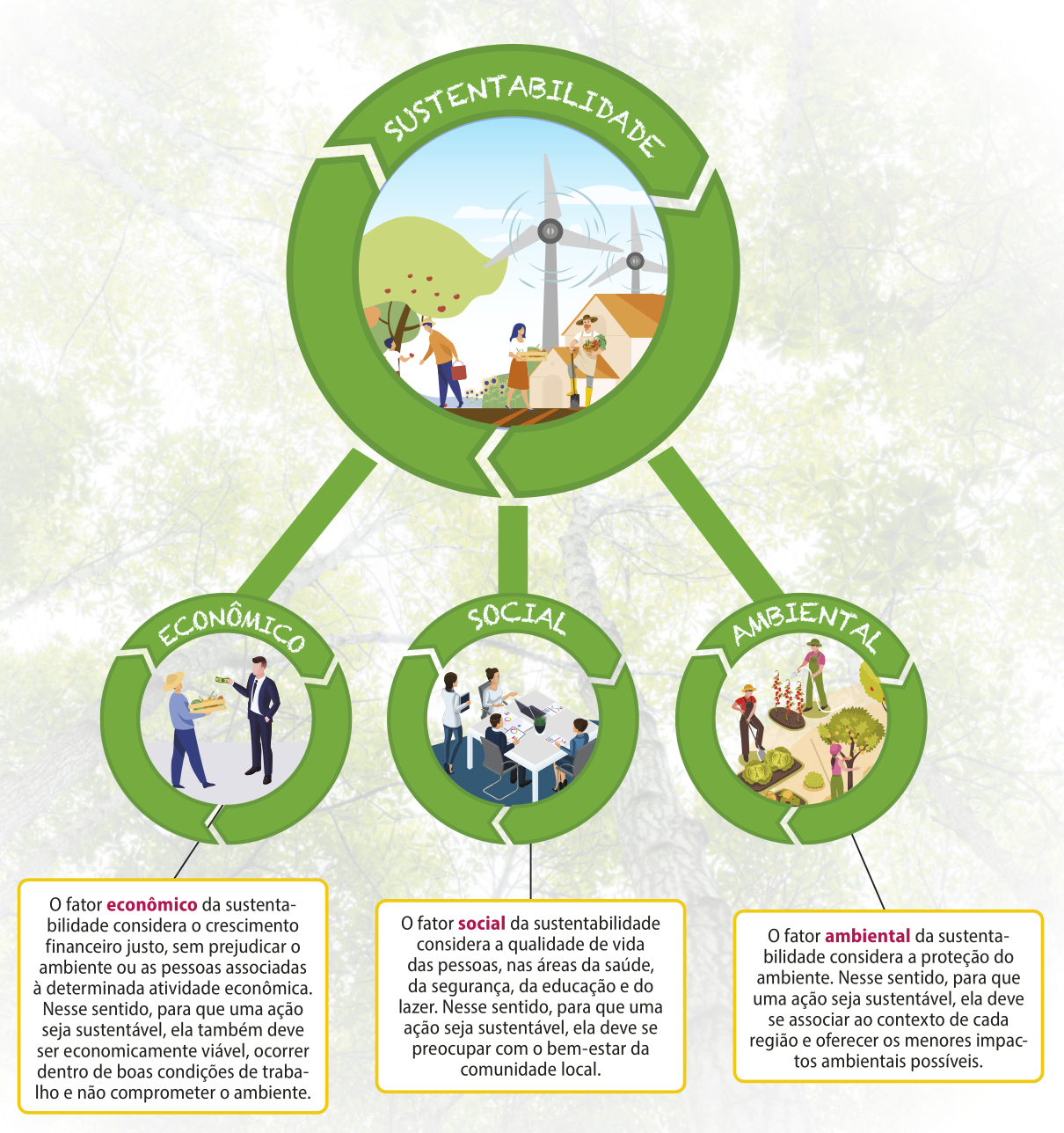 Esquema contendo um círculo maior formado por três setas que se conecta com outros três círculos menores também formados por três setas cada um. Cada círculo menor está conectado também a uma caixa de texto. Cada círculo possui um título escrito na seta de cima e uma ilustração no centro. O círculo maior tem o título 'Sustentabilidade' e na ilustração de dentro há pessoas em meio a casas, árvores e torres de energia eólica. O primeiro círculo menor é o 'Econômico' onde há um homem de terno dando uma nota de dinheiro a um produtor que segura uma caixa com vegetais dentro. Texto 'O fator econômico da sustentabilidade considera o crescimento financeiro justo, sem prejudicar o ambiente ou as pessoas associadas à determinada atividade econômica. Nesse sentido, para que uma ação seja sustentável, ela também deve ser economicamente viável, ocorrer dentro de boas condições de trabalho e não comprometer o ambiente.' O segundo círculo menor é o 'Social' onde há quatro pessoas em um escritório, três sentadas à mesa e uma de pé. Texto: 'O fator social da sustentabilidade considera a qualidade de vida das pessoas, nas áreas da saúde, da segurança, da educação e do lazer. Nesse sentido, para que uma ação seja sustentável, ela deve se preocupar com o bem-estar da comunidade local.' O terceiro círculo menor é o 'Ambiental' onde há três pessoas, uma rega tomates, uma cava um canteiro de hortaliças e outra colhe frutas de uma árvore. Texto 'O fator ambiental da sustentabilidade considera a proteção do ambiente. Nesse sentido, para que uma ação seja sustentável, ela deve se associar ao contexto de cada região e oferecer os menores impactos ambientais possíveis.'