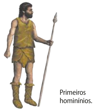 Ilustração representando um dos primeiros hominídeos. Homem com vestes rudimentares feitas de couro, possui bastante pelo ao longo do corpo e segura uma lança.