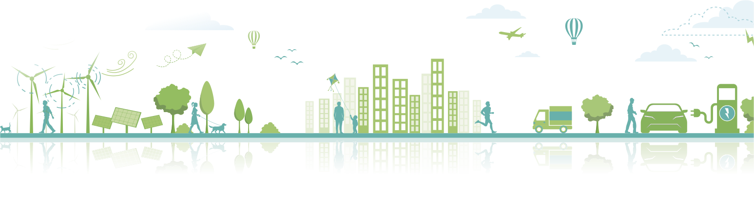 Ilustração contendo torres de energia eólica, prédios, balões de ar quente, árvores, aves e pessoas caminhando com o cachorro, carregando um carro com energia elétrica, entre outros elementos.