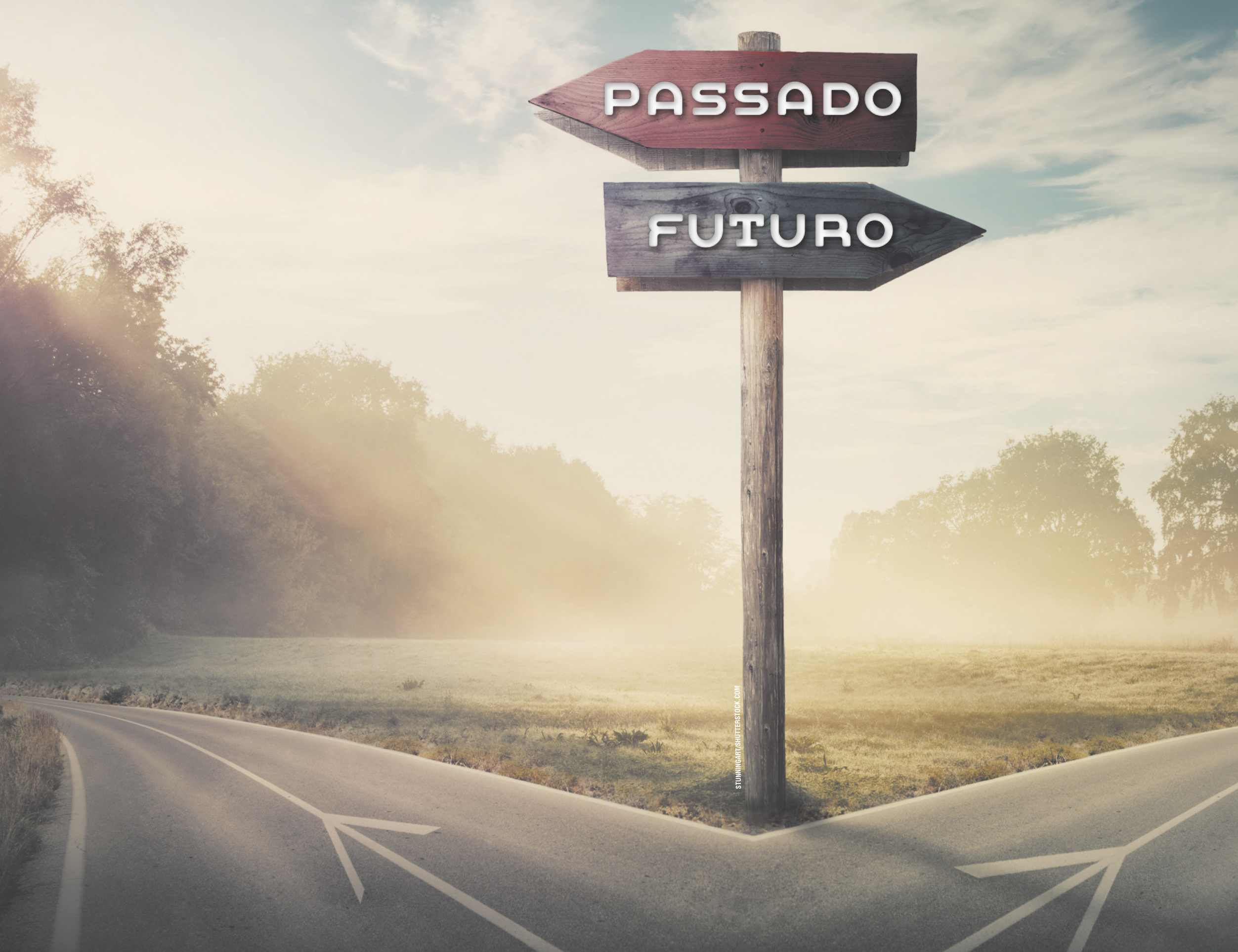 Ilustração mostra uma estrada bifurcada, no meio, há um poste de madeira com duas placas. A placa de cima tem o formato de seta, aponta para a esquerda e tem o escrito 'passado'. A placa de baixo também tem formato de seta, aponta para a direita e tem o escrito 'futuro'.
