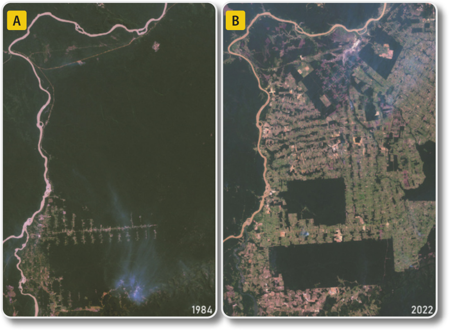 Composição de imagens de telescópio. A. Imagem de satélite de Rondônia, em 1984, vista de cima. A maior parte do território está coberta por vegetação. B. Imagem de satélite de Rondônia, em 2022, vista de cima. A maior parte do território está coberta por construções humanas, com poucas áreas de vegetação.