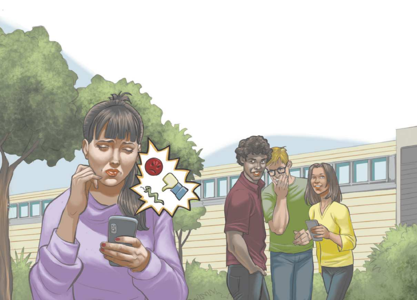 Ilustração de uma garota olhando para o telefone celular que está em sua mão. Do celular saem emojis de cara de raiva, dedo polegar para baixo e cobra. Ela tem um olhar triste e apreensivo. Em segundo plano, estão outros jovens, dois meninos e uma menina, que olham para a garota enquanto dão risadas.