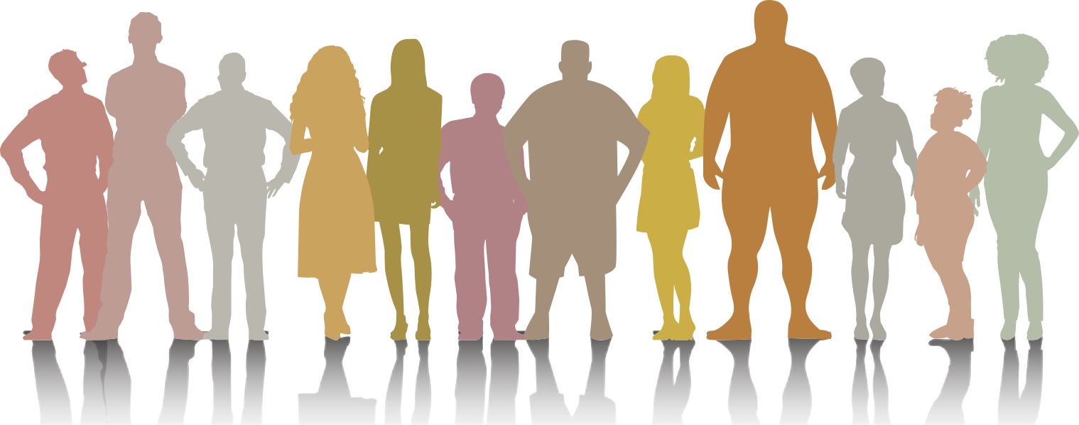 Ilustração com diversos tipos de figuras humanas que variam em altura, gênero, tipo físico e cores.