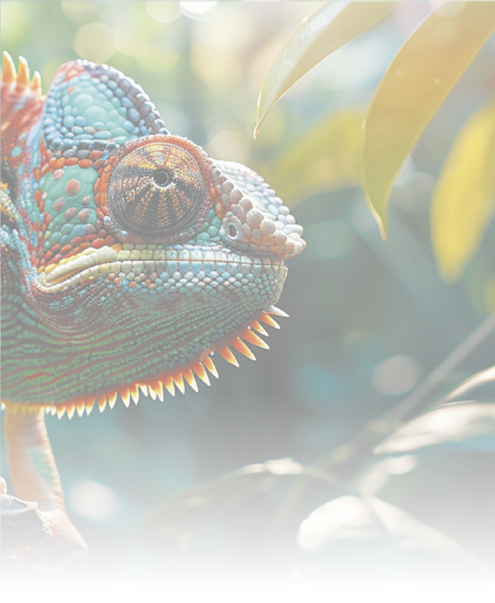 Imagem da cabeça de um camaleão de perfil em meio a folhas de planta. O camaleão é um réptil com pequenos olhos localizados nas laterais da cabeça e o corpo coberto por escamas pequenas. O camaleão da imagem tem as escamas coloridas por diversas cores. Os indivíduos possuem diversos tamanhos, a depender da espécie, mas podem chegar até 60 centímetros.