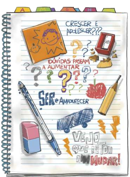 Ilustração de um caderno com o poema escrito 'Crescer é adolescer? Dúvidas passam a aumentar. Ser e amadurecer. Vejo que estou a mudar!'. Ao redor do poema, há um papel grudado com o desenho de um rosto menor e outro maior. Estão desenhados na folha diversos pontos de interrogação, raios, uma maçã e um skate. Sobre a folha está uma caneta, um lápis, um apontador e uma borracha.