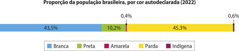 Gráfico de uma barra dividida em porções 'Proporção da população brasileira, por cor autodeclarada (2022)'. Os dados são os seguintes: Branca: 43,5 por cento. Preta: 10,2 por cento. Amarela: 0,4 por cento. Parda: 45,3 por cento. Indígena: 0,6 por cento.