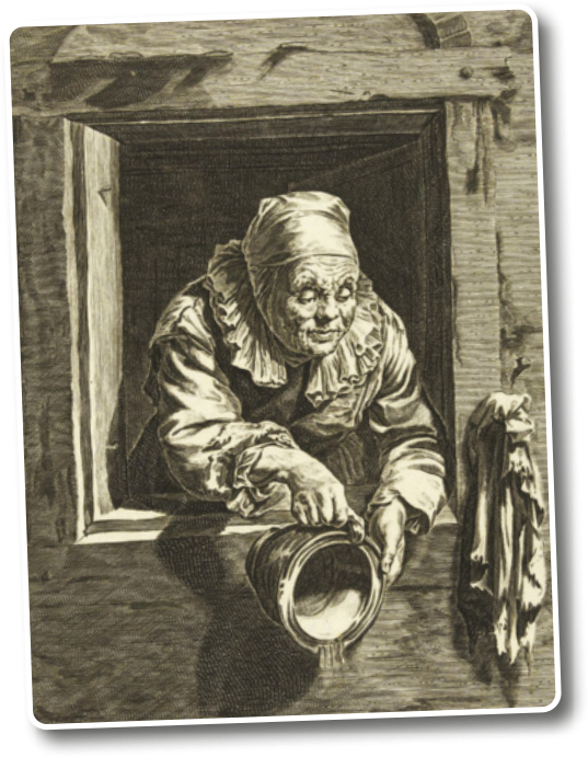 Ilustração de um homem em uma janela. Ele está jogando o conteúdo líquido de um balde para fora da janela.