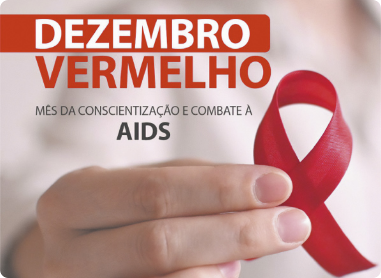 Cartaz da campanha 'Dezembro Vermelho'. Abaixo do título está escrito 'Mês da conscientização e combate à AIDS'. Em baixo do escrito há uma mão de pele clara segurando uma fita vermelha envolta em si, símbolo da campanha.