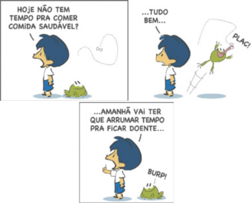 Tirinha do Armandinho em três quadros. Q1. Armandinho está de costas para o sapo e questiona em voz alta 'Hoje não tem tempo para comer comida saudável?'. O sapo está de costas para Armandinho, observando uma mosca que está voando acima dele. Q2. Armandinho responde a si mesmo '...Tudo bem...'. O sapo pula e pega a mosca esticando sua língua. O som emitido pela captura é 'Plac!' Q3. Armandinho responde '...Amanhã vai ter que arrumar tempo para ficar doente...'. O sapo ao seu lado coaxa 'Burp!'