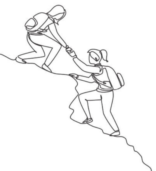 Ilustração de suas mulheres subindo uma superfície íngreme e irregular. Uma das mulheres está em um nível acima e está abaixada, dando a mão para ajudar a outra que está no nível de baixo. Ambas estão de mochila.