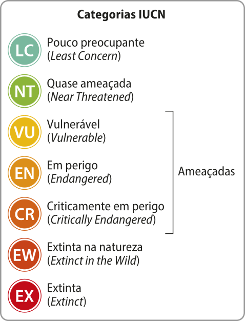 Categorias I U C N L C. Pouco preocupante (least concern). N T. Quase ameaçada (near threatened). V U. Vulnerável (vulnerable). E N. Em perigo (endangered). C R. Criticamente em perigo (critically endangered). E W. Extinta na natureza (extinct in the wild). E X. Extinta (extinct). As categorias de quase ameaçada até criticamente em perigo são consideradas como ameaçadas.