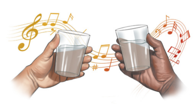 Ilustração de duas mãos, uma de pele clara e outra de pele escura, segurando cada uma um copo de vidro contendo um líquido. Em segundo plano, está desenhado o trecho de uma partitura com notas musicais.