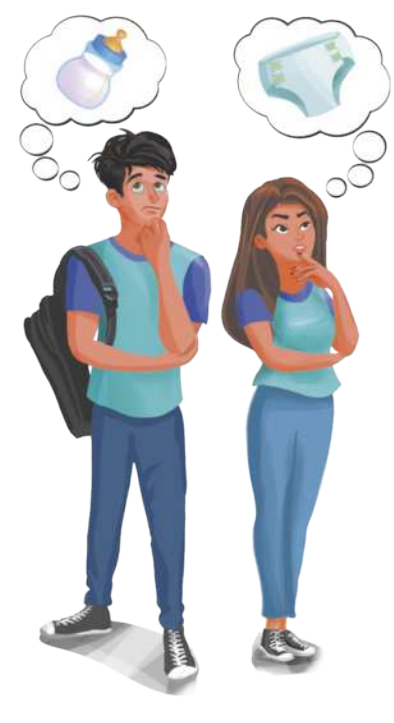 Ilustração de dois jovens de pele clara que usam camiseta, calça jeans e tênis. Ambos estão pensativos. O garoto tem cabelo curto e liso, usa uma mochila e está pensando em uma mamadeira. A garota tem cabelo longo e liso e está pensando em uma fralda.