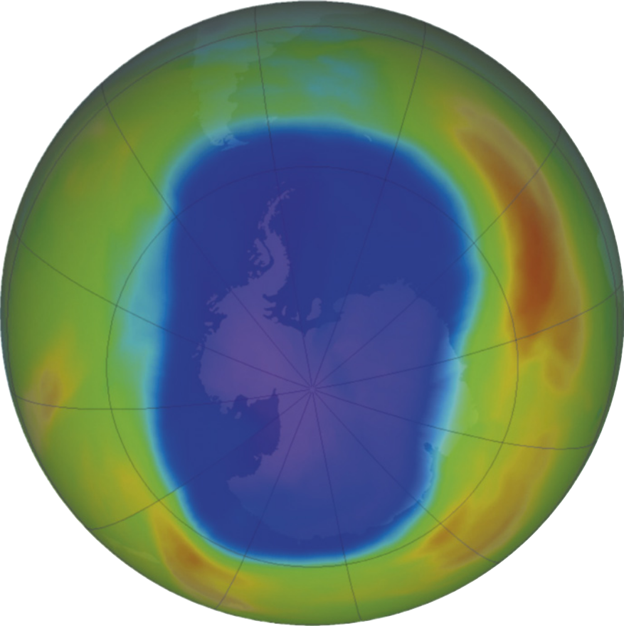 Imagem feita por satélite do planeta Terra com o polo Sul no centro. A região central está colorida principalmente de azul e roxo. As bordas estão coloridas de amarelo, com algumas manchas em laranja e vermelho.