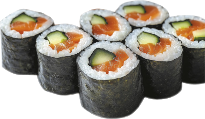 Fotografia de 7 sushis iguais, rolos de arroz, envolto por folha de alga e recheio de salmão e pepino.