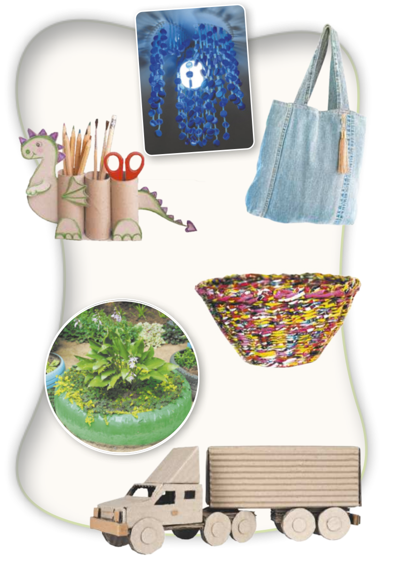 Composição de seis fotografias. 1. Luminária feita com tampas de garrafas plásticas. 2. Porta lápis feitos de rolos de papel higiênico. 3. Bolsa feita de jeans. 4. Vaso de planta feita de pneu de carro. 5. Bacia feita de papel de revista enrolado. 6. Caminhão de brinquedo de papelão.
