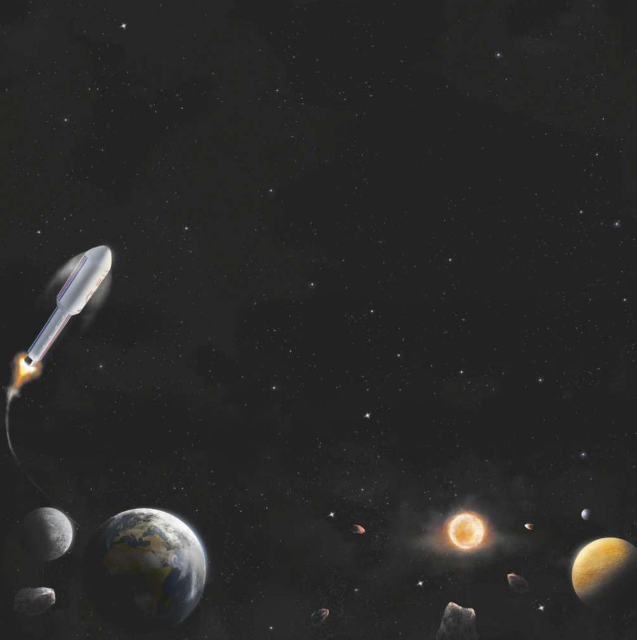 Ilustração do espaço com planetas esféricos, incluindo o planeta Terra, rochas espaciais e o Sol. Há um foguete saindo do planeta Terra.