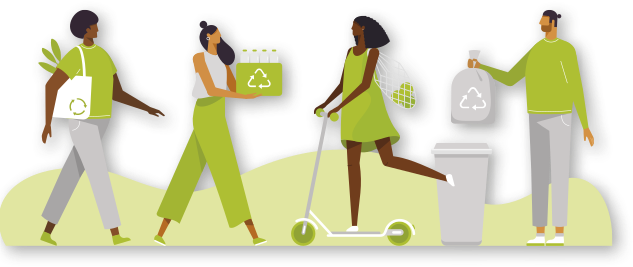 Ilustração de quatro pessoas. Um homem caminha enquanto usa nos ombros uma sacola reutilizável com o símbolo de reciclagem. Uma mulher caminha enquanto leva nas mãos uma caixa com o símbolo de reciclagem contendo garrafas. Uma mulher andando de patinete com uma bolsa nos ombros e um homem jogando um saco de lixo com o símbolo da reciclagem em um cesto de lixo.