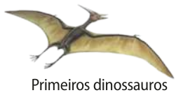 Ilustração representando um dos primeiros dinossauros. Animal voador, com o corpo curto, asas longas, patas traseiras finas e curtas, cabeça pequena com uma grande protuberância fina no topo da cabeça.