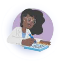 Ilustração da mesma mulher sorrindo enquanto escreve em um caderno com uma caneta.