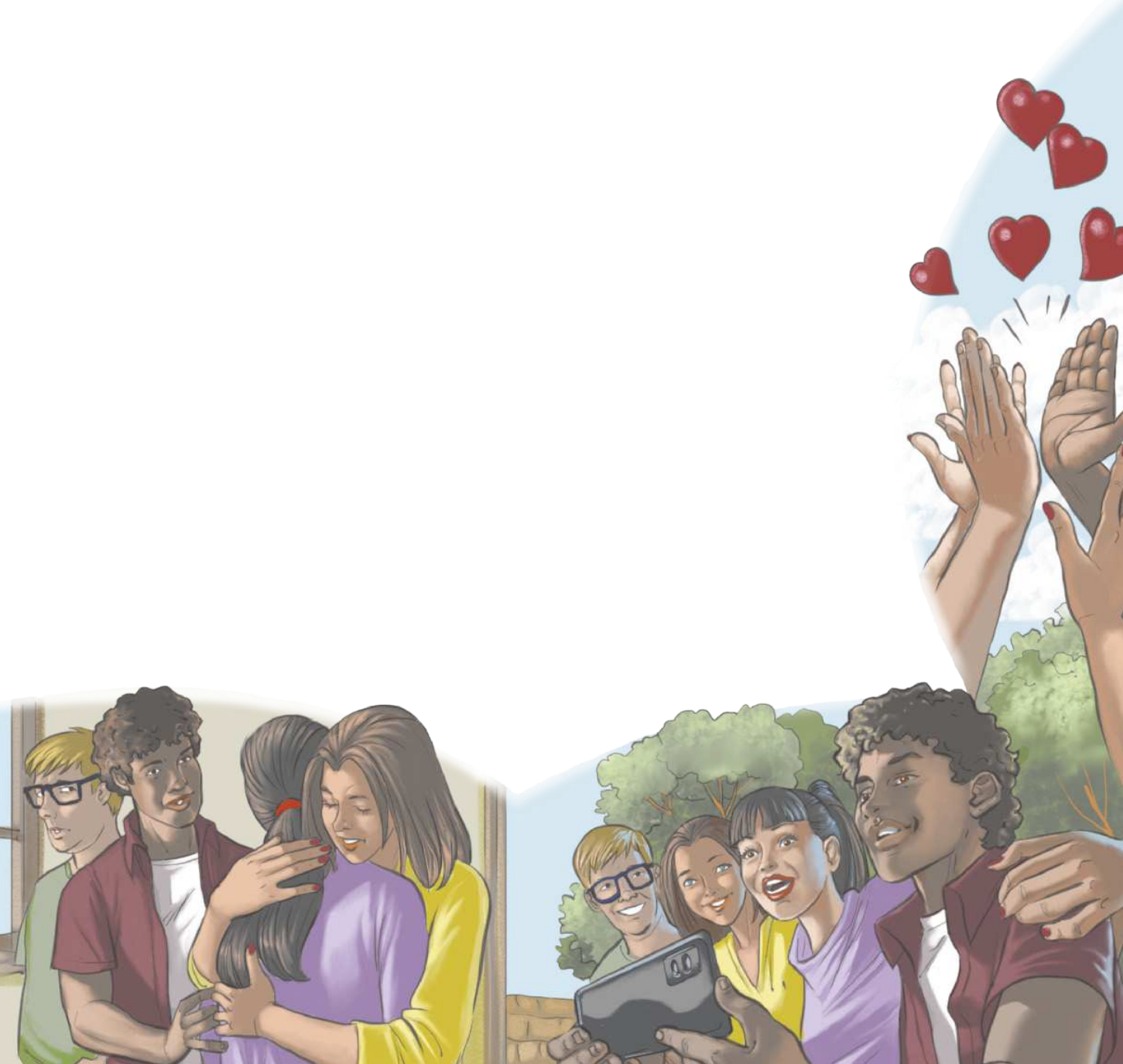 Ilustração com três cenas diferente. Na primeira, duas meninas estão se abraçando, enquanto dois meninos estão observando. Na segunda, Os quatro jovens estão sorrindo e sentados lado a lado, enquanto olham para a tela de um telefone celular. Na terceira, aparecem apenas as quatro mãos com as palmas estendidas para se cumprimentarem. Acima das mãos estão cinco corações.