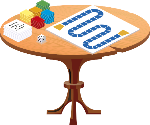 Ilustração de uma mesa redonda de madeira. Sobre ela há um jogo de tabuleiro com cartas e um dado.