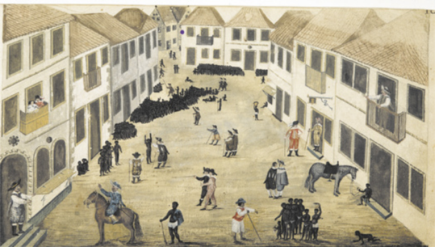 Pintura de um pátio cercado por construções de dois e três andares. Há algumas pessoas no pátio, a maioria delas são pessoas escravizadas.