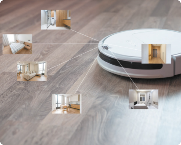 Imagem de robô aspirador com demonstração de lugares que ele pode identificar, como a sala de estar, o quarto e o banheiro.