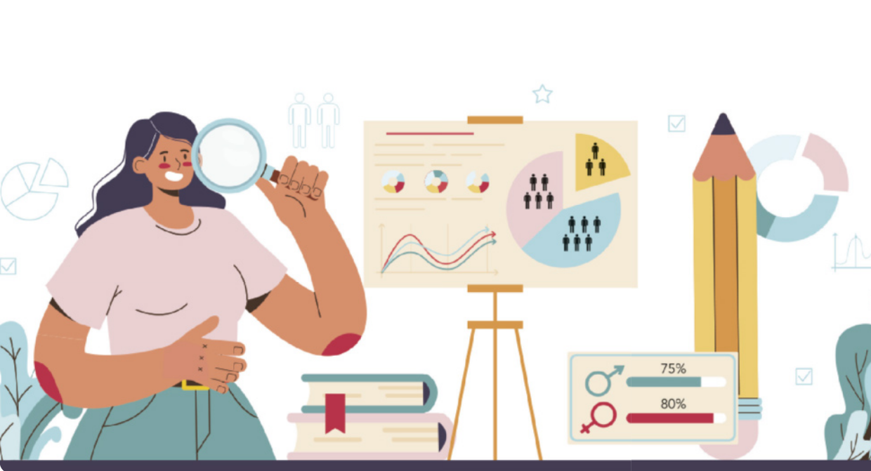 Ilustração de mulher segurando uma lupa, alguns livros, uma lousa com gráficos e um lápis.