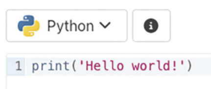 Imagem de interface de programação tipo Python. Há o comando 'print ('Hello world!')'.
