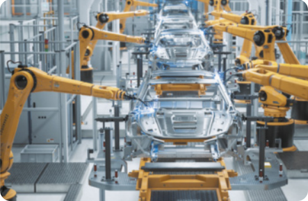 Imagem de máquinas montando carros em fábrica.