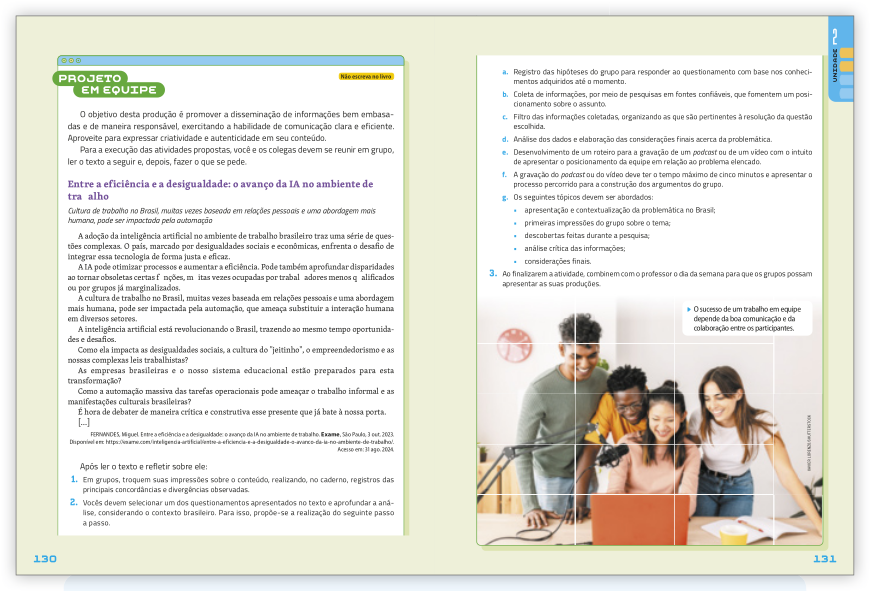 Reprodução de páginas do livro contendo a seção Projeto em equipe.