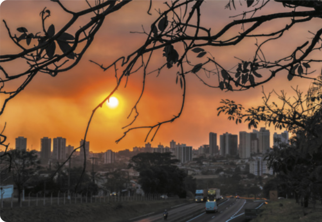 Fotografia da cidade de Marília durante o dia. Há prédios ao fundo, algumas folhas de árvore, o sol está encoberto por nuvens de poluição.