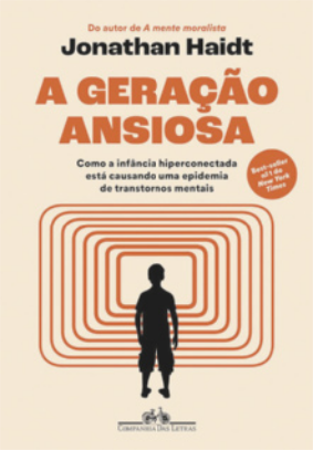 Imagem de capa de livro 'A geração ansiosa: como a infância hiperconectada está causando uma epidemia de transtornos mentais', do autor Jonathan Haidt. Está representada a silhueta de uma criança em frente a linhas formando quadrados.