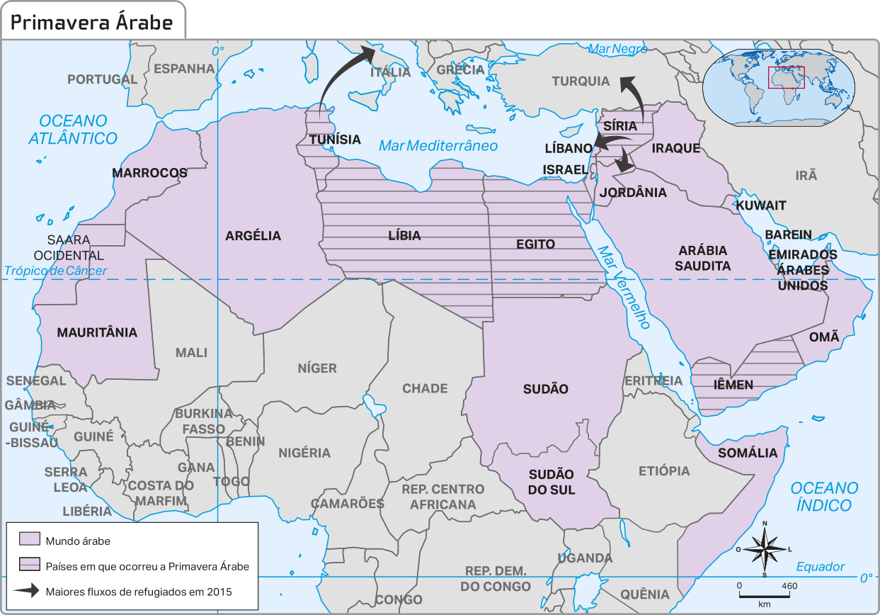 Mapa 'Primavera árabe'. O mapa mostra o norte da África, o Oriente Médio e parte da Europa. Há destaque para os países do mundo árabe, que são: Mauritânia, Saara Ocidental, Marrocos, Argélia, Tunísia, Líbia, Egito, Sudão, Sudão do Sul, Somália, Iêmen, Omã, Arábia Saudita, Emirados Árabes Unidos, Barein, Kuwait, Jordânia, Iraque, Israel, Líbano e Síria. Desses países, destaca-se os países em que ocorreu a Primavera Árabe, que são: Tunísia, Líbia, Egito, Iêmen e Síria. O mapa também mostra os países com os maiores fluxos de refugiados em 2015, que foram: Tunísia para Itália e Síria para Turquia, Líbano e Jordânia.